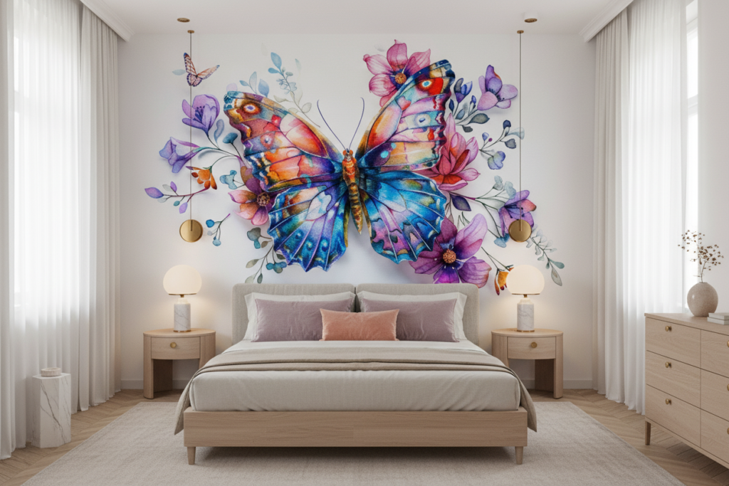 Papier peint aquarelle papillon coloré et fleurs délicates romantique - Chambre adulte