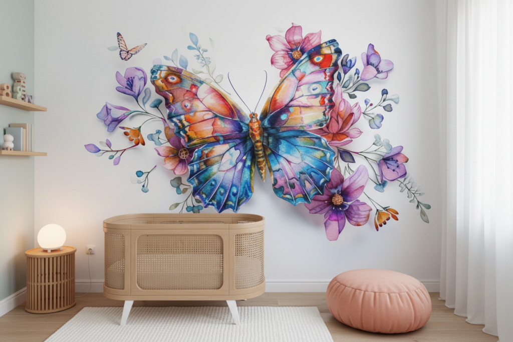 Papier peint aquarelle papillon coloré et fleurs délicates romantique - Chambre bébé