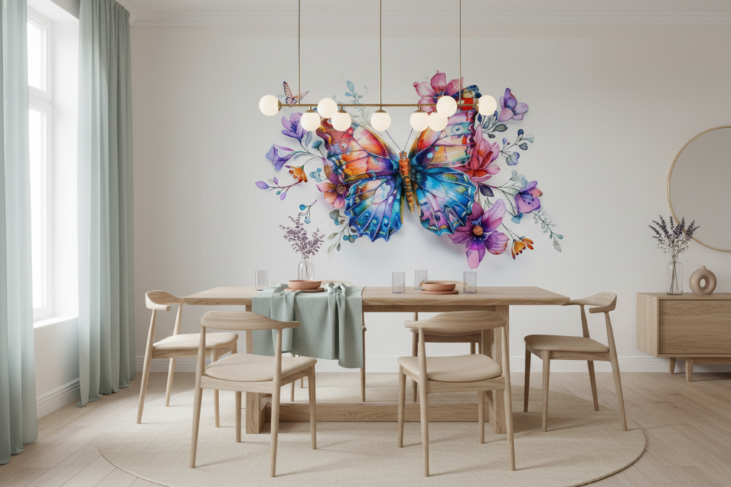 Papier peint aquarelle papillon coloré et fleurs délicates romantique - Salle à manger