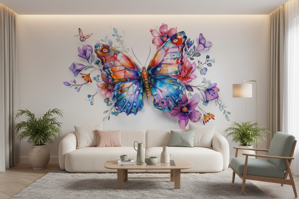 Papier peint aquarelle papillon coloré et fleurs délicates romantique - Salon / Séjour