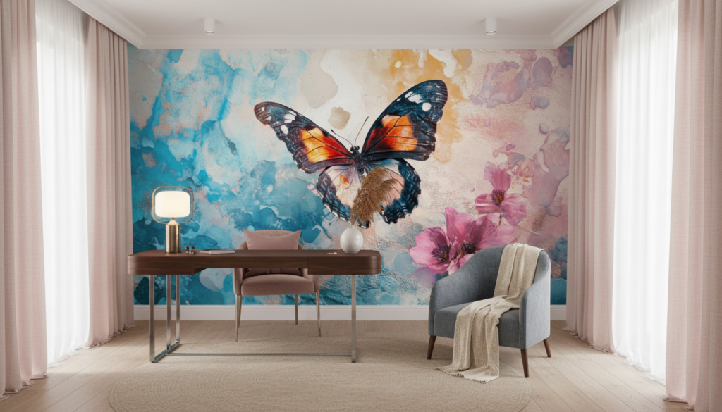 Papier Peint Aquarelle Papillon Coloré et Fleurs Roses Artistiques - Bureau