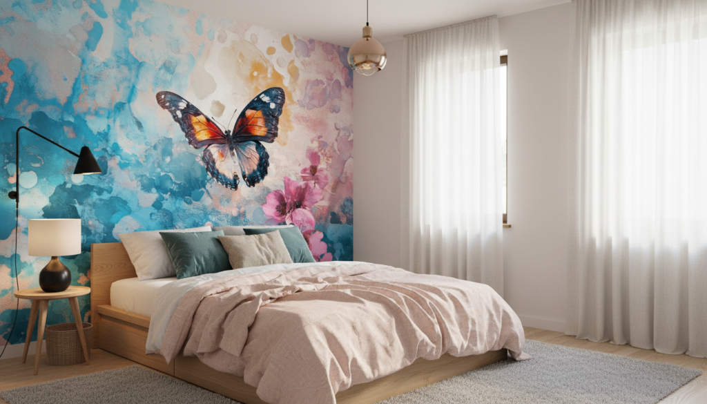 Papier Peint Aquarelle Papillon Coloré et Fleurs Roses Artistiques - Chambre ado