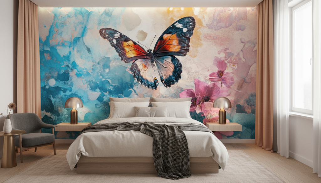 Papier Peint Aquarelle Papillon Coloré et Fleurs Roses Artistiques - Chambre adulte