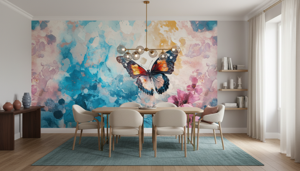 Papier Peint Aquarelle Papillon Coloré et Fleurs Roses Artistiques - Salle à manger