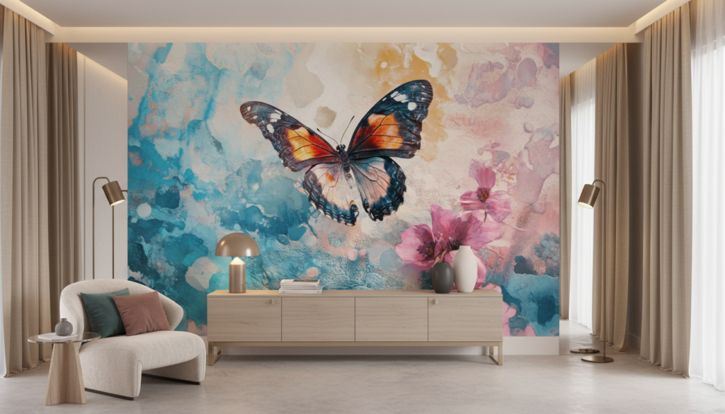 Papier Peint Aquarelle Papillon Coloré et Fleurs Roses Artistiques - Salon / Séjour