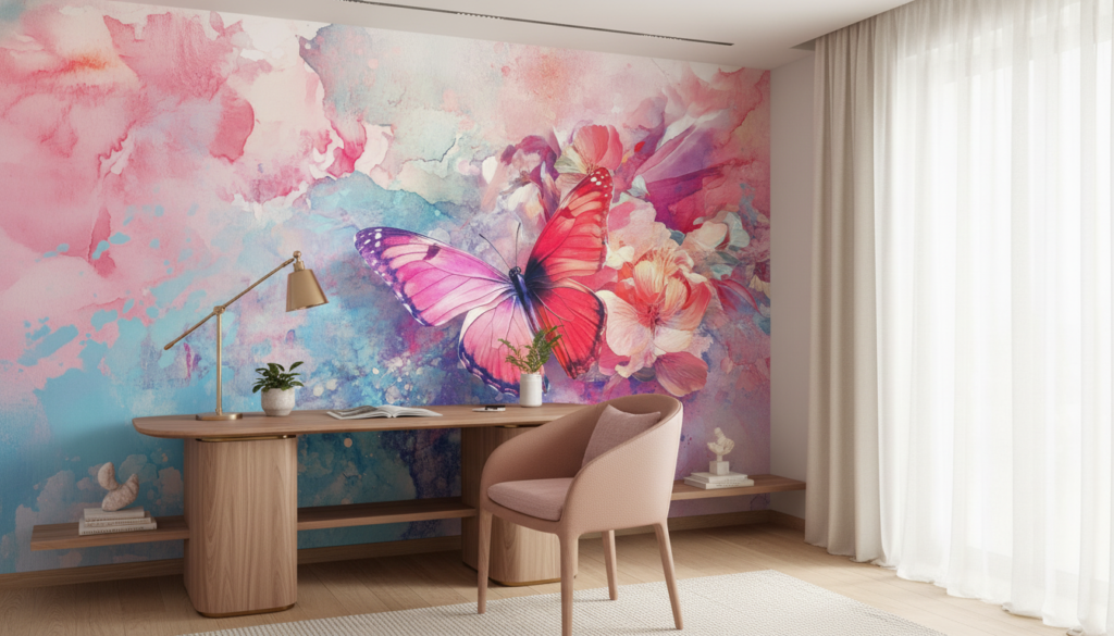 Papier peint aquarelle papillon rose et fleurs délicates - Bureau