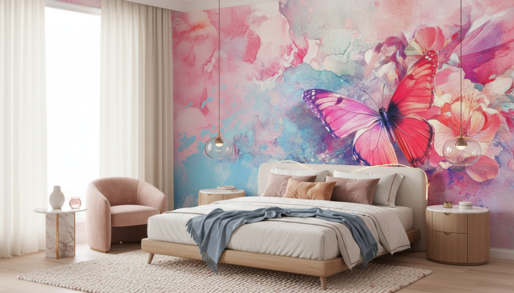 Papier peint aquarelle papillon rose et fleurs délicates - Chambre adulte