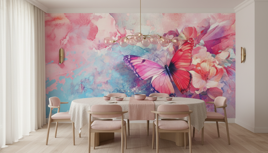 Papier peint aquarelle papillon rose et fleurs délicates - Salle à manger