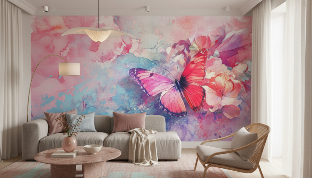 Papier peint aquarelle papillon rose et fleurs délicates - Salon / Séjour
