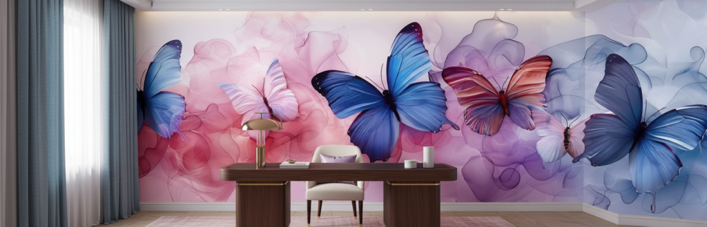 Papier peint aquarelle papillons bleus et roses effet nuage - Bureau