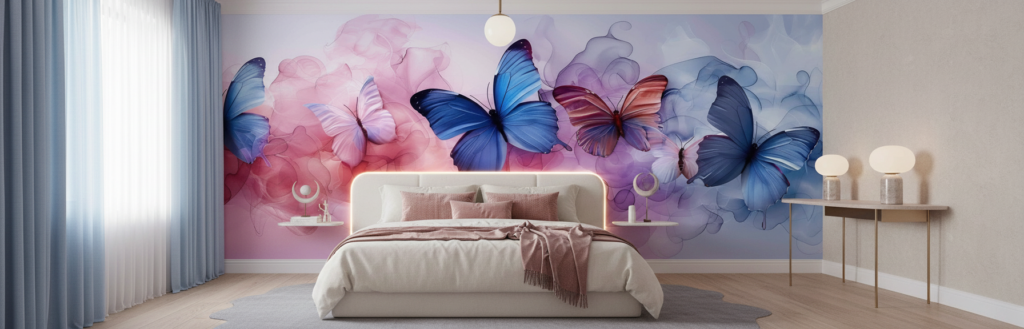 Papier peint aquarelle papillons bleus et roses effet nuage - Chambre ado