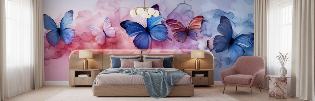 Papier peint aquarelle papillons bleus et roses effet nuage - Chambre adulte
