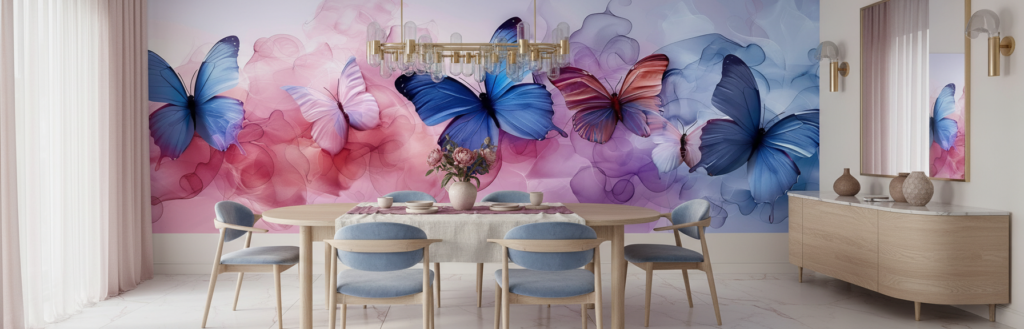 Papier peint aquarelle papillons bleus et roses effet nuage - Salle à manger