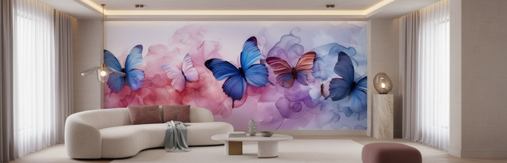 Papier peint aquarelle papillons bleus et roses effet nuage - Salon / Séjour