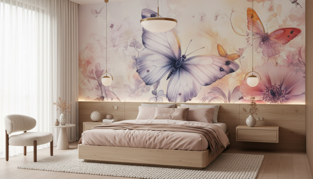 Papier peint aquarelle papillons et fleurs délicates rose violet - Chambre adulte