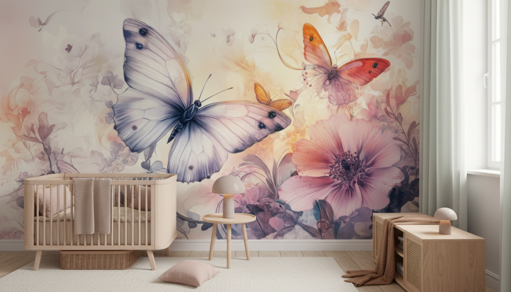 Papier peint aquarelle papillons et fleurs délicates rose violet - Chambre bébé