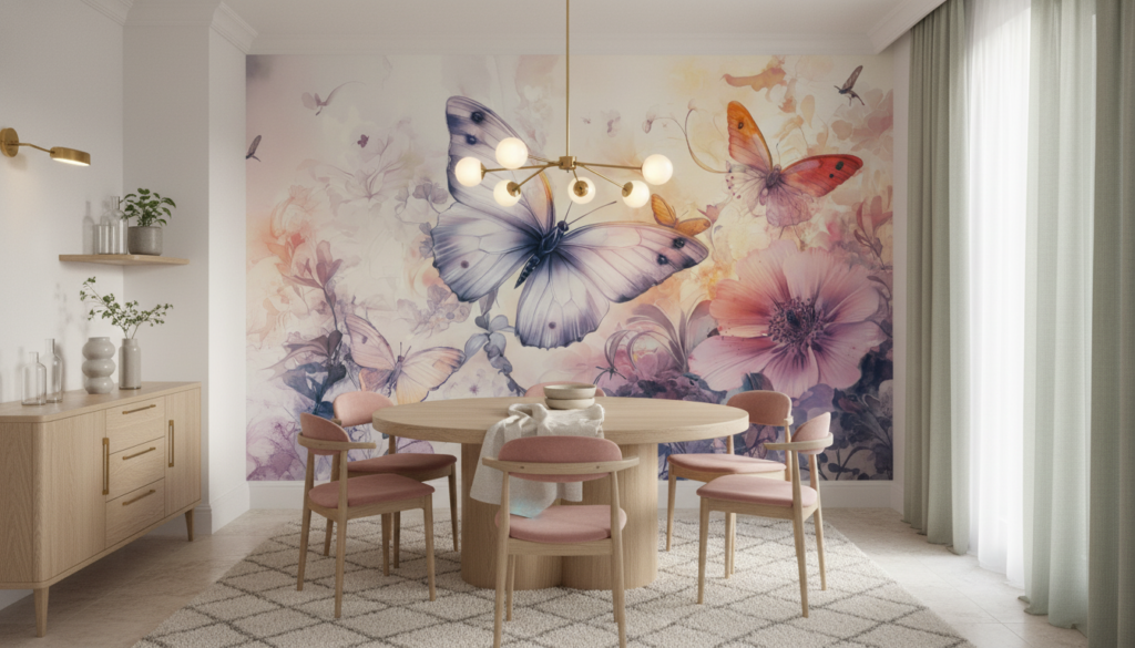 Papier peint aquarelle papillons et fleurs délicates rose violet - Salle à manger