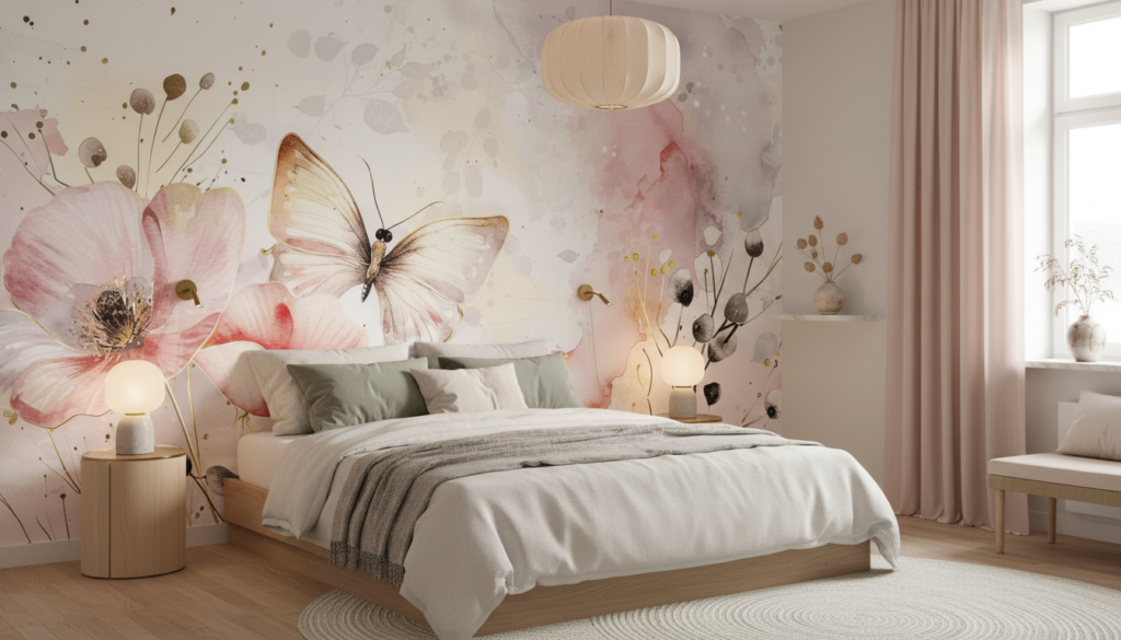 Papier peint aquarelle papillons et fleurs romantiques rose poudré - Chambre adulte