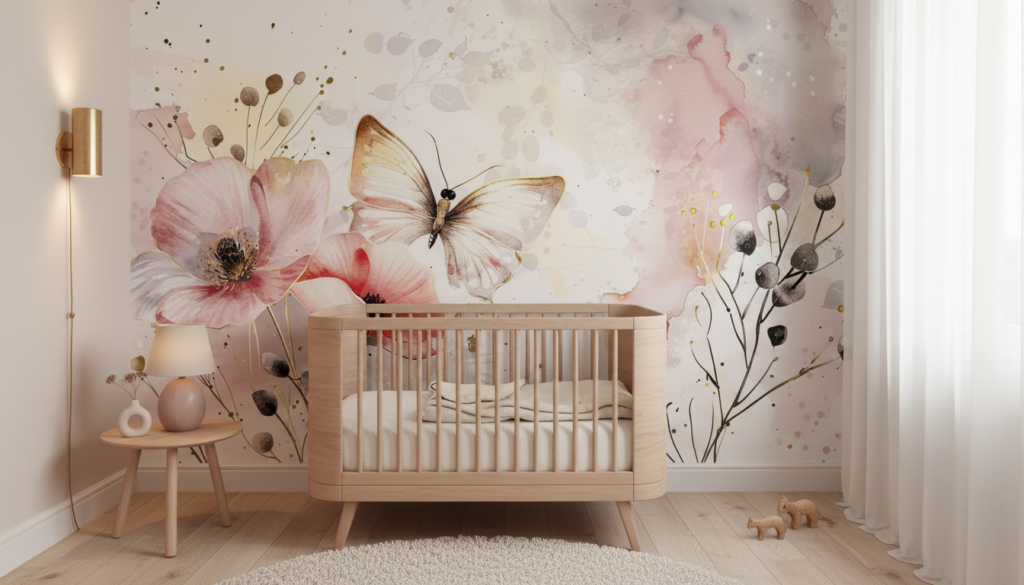 Papier peint aquarelle papillons et fleurs romantiques rose poudré - Chambre bébé