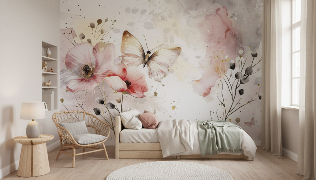 Papier peint aquarelle papillons et fleurs romantiques rose poudré - Chambre enfant