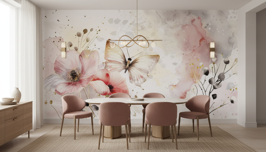Papier peint aquarelle papillons et fleurs romantiques rose poudré - Salle à manger