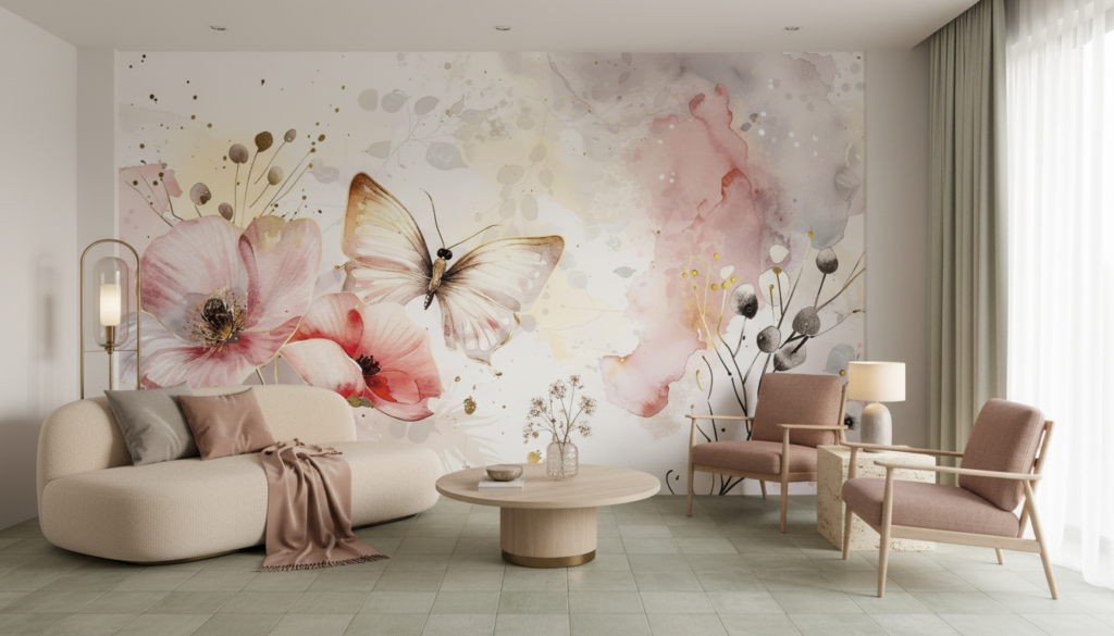 Papier peint aquarelle papillons et fleurs romantiques rose poudré - Salon / Séjour