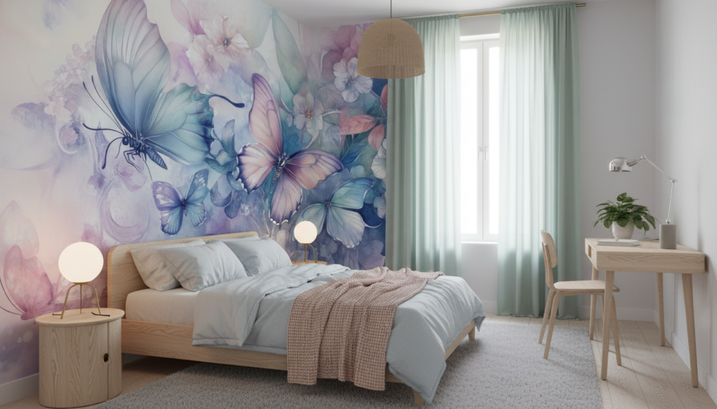 Papier peint aquarelle papillons et fleurs tons pastel bleu rose - Chambre ado