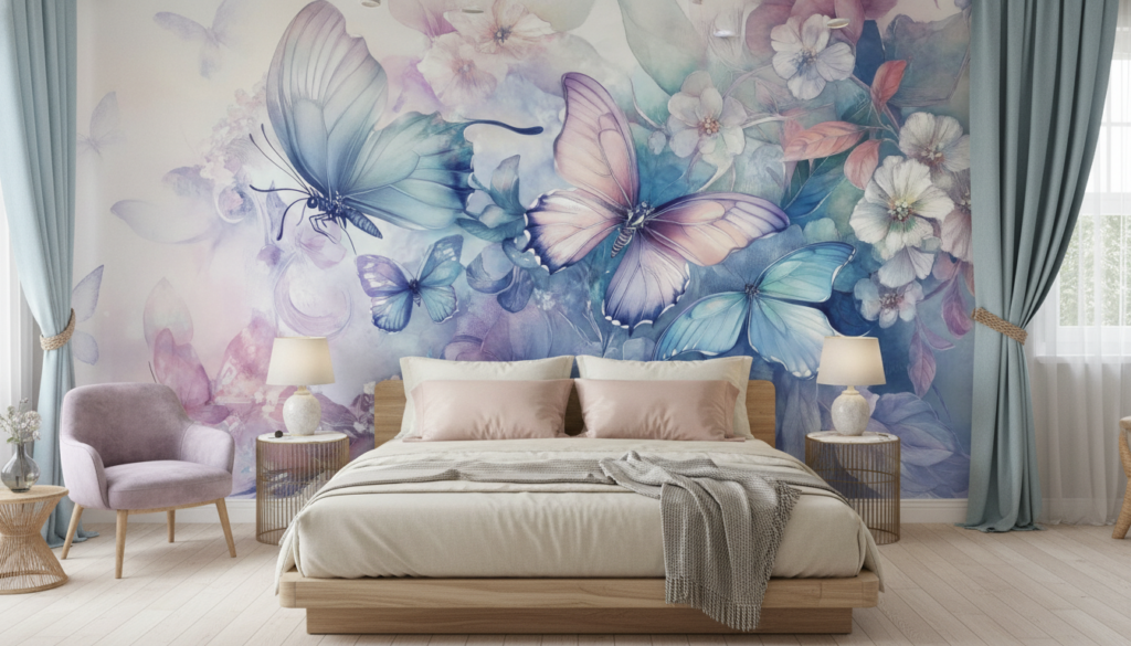 Papier peint aquarelle papillons et fleurs tons pastel bleu rose - Chambre adulte