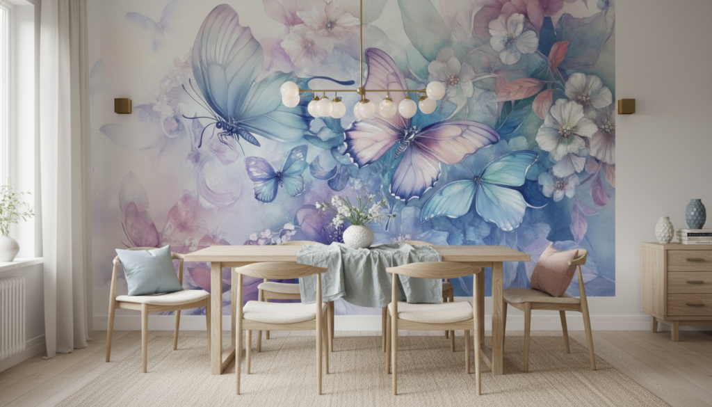 Papier peint aquarelle papillons et fleurs tons pastel bleu rose - Salle à manger