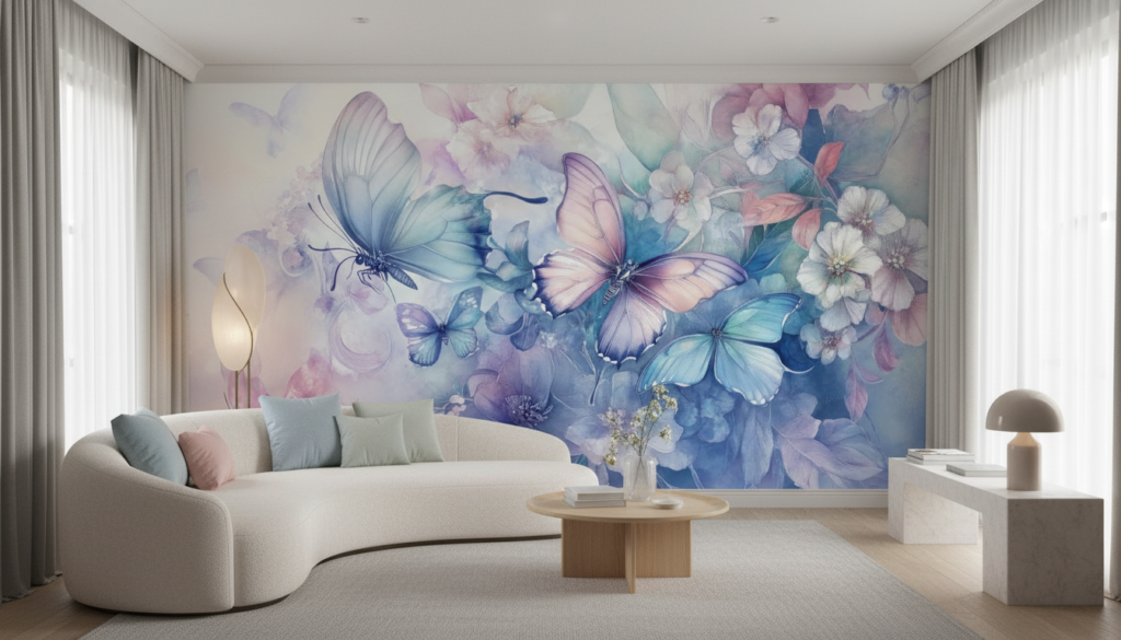 Papier peint aquarelle papillons et fleurs tons pastel bleu rose - Salon / Séjour