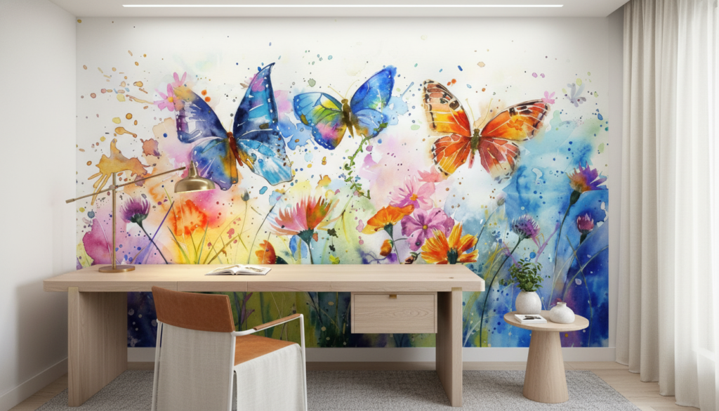 Papier peint aquarelle papillons multicolores et fleurs sauvages artistique - Bureau