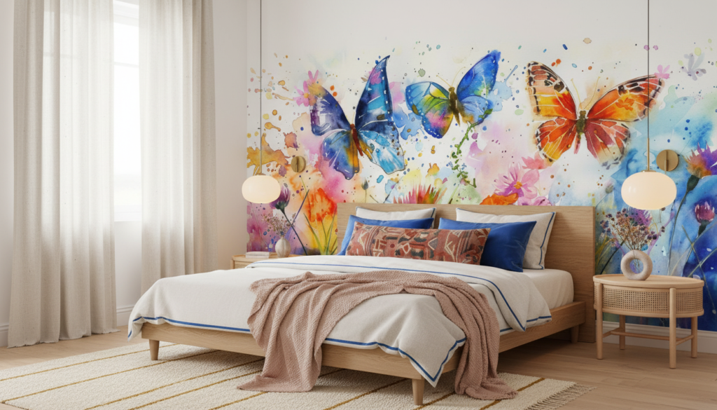 Papier peint aquarelle papillons multicolores et fleurs sauvages artistique - Chambre adulte
