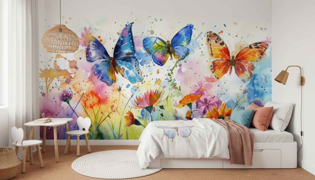 Papier peint aquarelle papillons multicolores et fleurs sauvages artistique - Chambre enfant