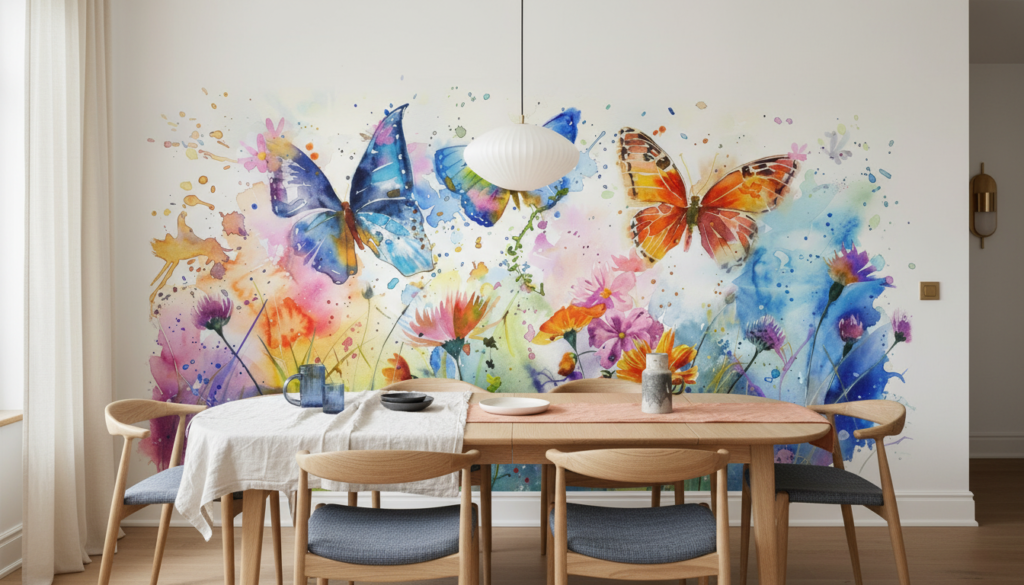 Papier peint aquarelle papillons multicolores et fleurs sauvages artistique - Salle à manger