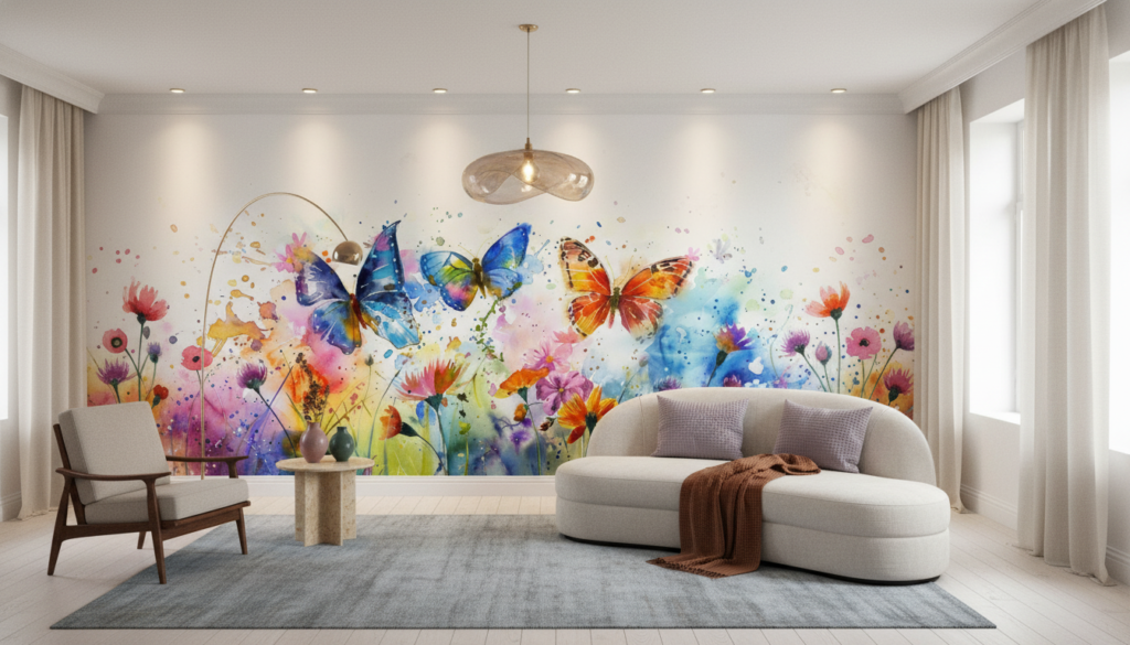 Papier peint aquarelle papillons multicolores et fleurs sauvages artistique - Salon / Séjour