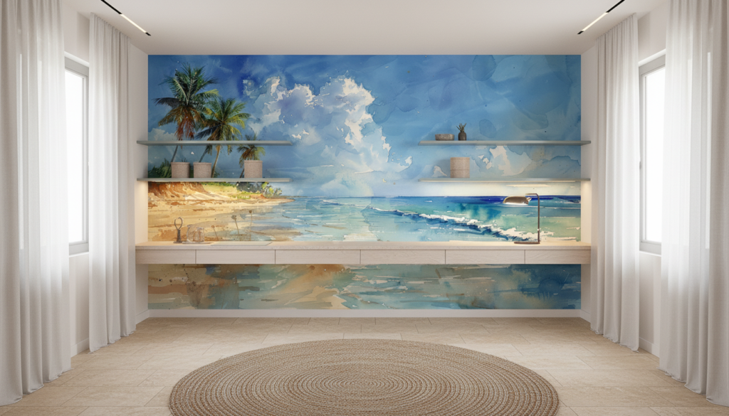 Papier peint aquarelle plage tropicale avec palmiers et océan turquoise - Bureau