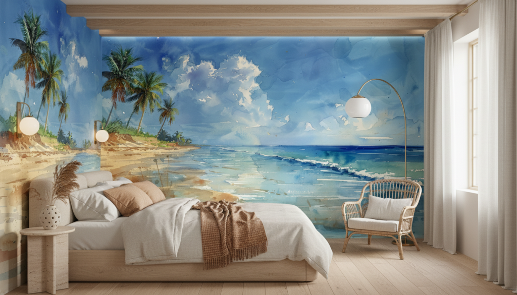 Papier peint aquarelle plage tropicale avec palmiers et océan turquoise - Chambre adulte