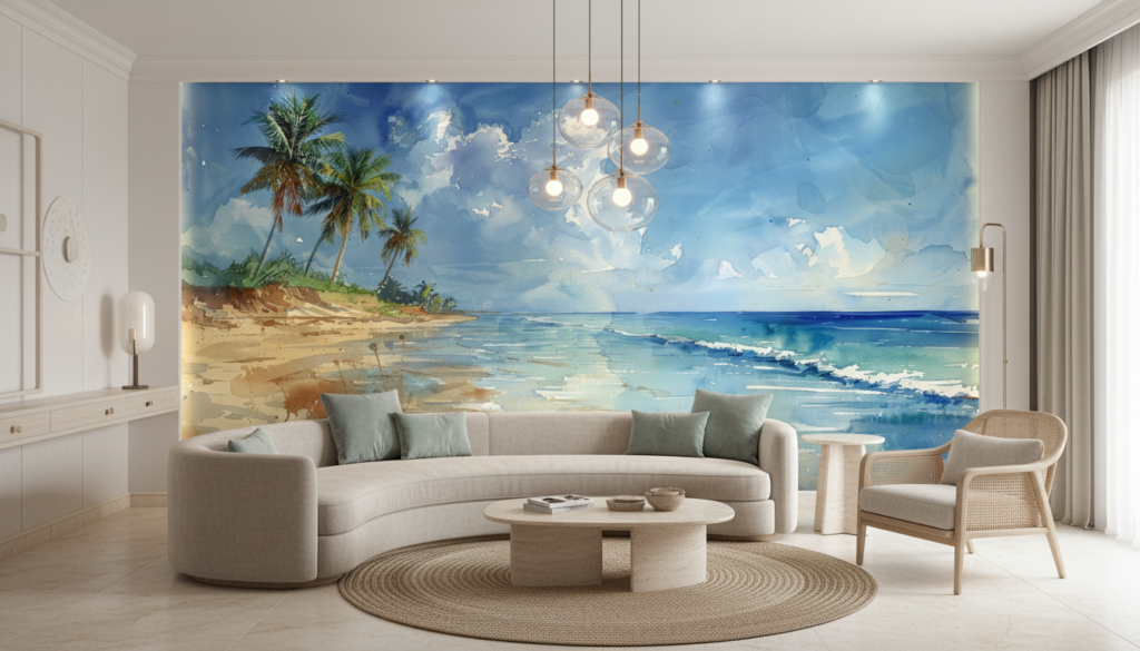 Papier peint aquarelle plage tropicale avec palmiers et océan turquoise - Hôtel