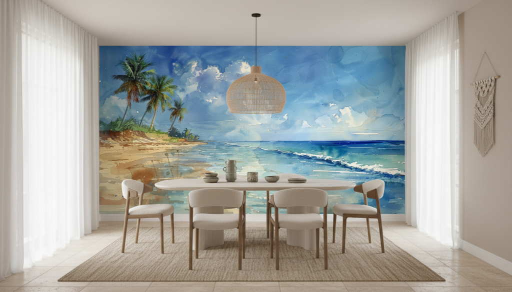 Papier peint aquarelle plage tropicale avec palmiers et océan turquoise - Salle à manger
