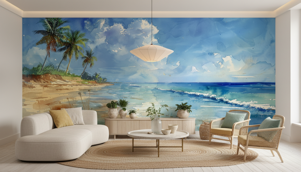 Papier peint aquarelle plage tropicale avec palmiers et océan turquoise - Salon / Séjour