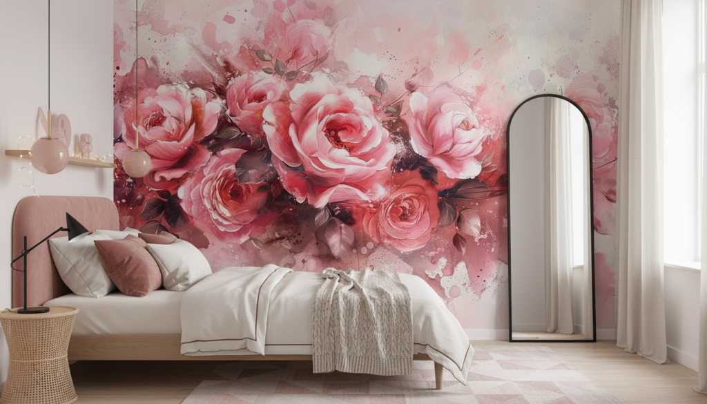 Papier peint aquarelle roses romantiques effet splash artistique - Chambre ado