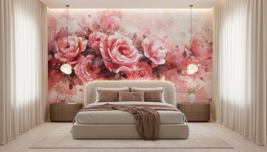 Papier peint aquarelle roses romantiques effet splash artistique - Chambre adulte