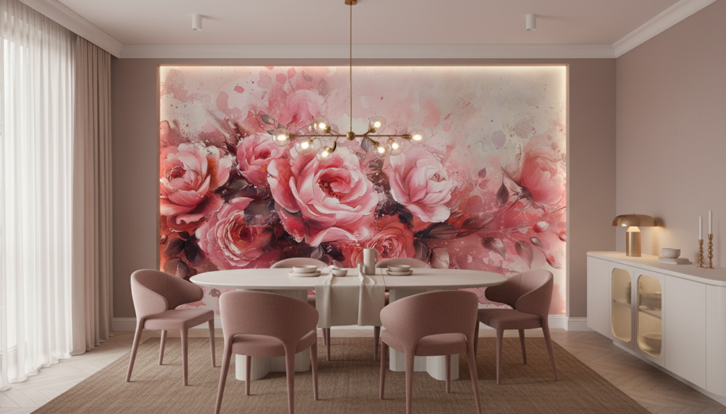 Papier peint aquarelle roses romantiques effet splash artistique - Salle à manger
