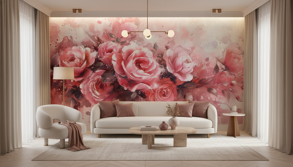 Papier peint aquarelle roses romantiques effet splash artistique - Salon / Séjour