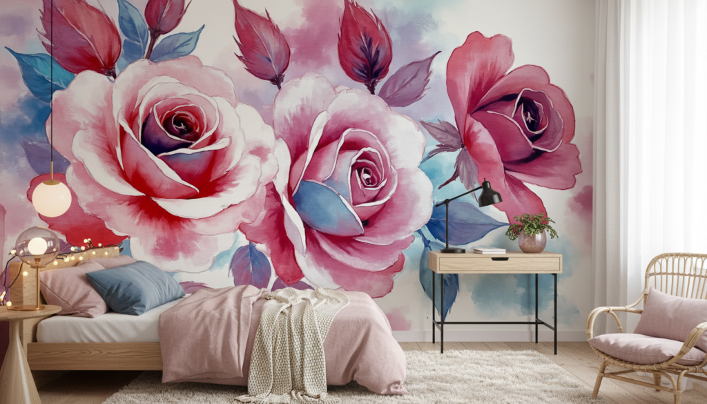 Papier peint aquarelle roses romantiques tons rose et bleu - Chambre ado