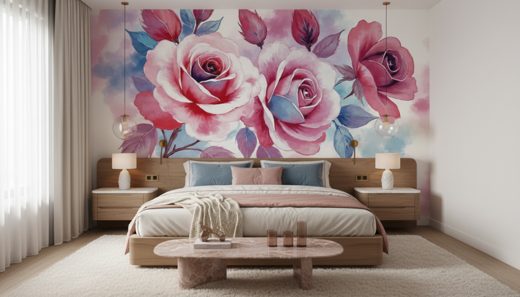 Papier peint aquarelle roses romantiques tons rose et bleu - Chambre adulte