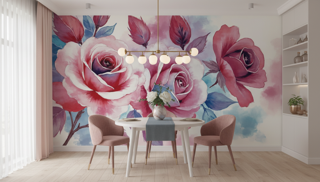 Papier peint aquarelle roses romantiques tons rose et bleu - Salle à manger