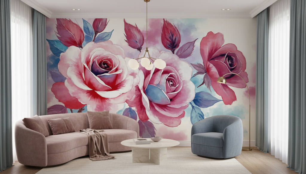 Papier peint aquarelle roses romantiques tons rose et bleu - Salon / Séjour