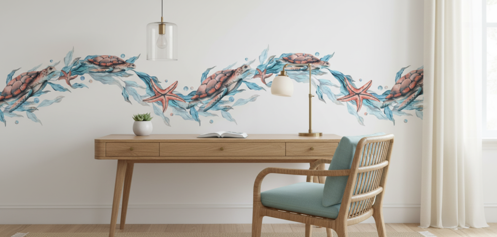 Papier Peint Aquarelle Tortues Marines et Étoiles de Mer Océan - Bureau
