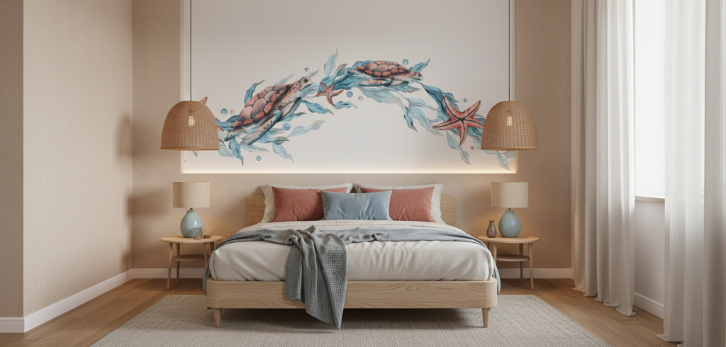 Papier Peint Aquarelle Tortues Marines et Étoiles de Mer Océan - Chambre adulte